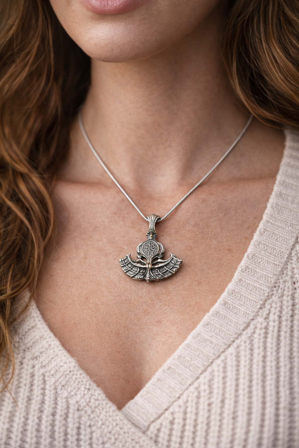 Women’s Silver Viking Pendant Necklace – Short Chain Norse Style