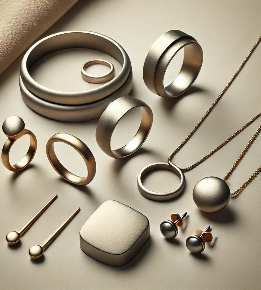 Here is an image showing a collection of jewellery pieces with a matte finish, including rings, necklaces, and earrings. The matte texture is clearly visible on the silver and gold surfaces, giving the pieces a sophisticated and understated look.