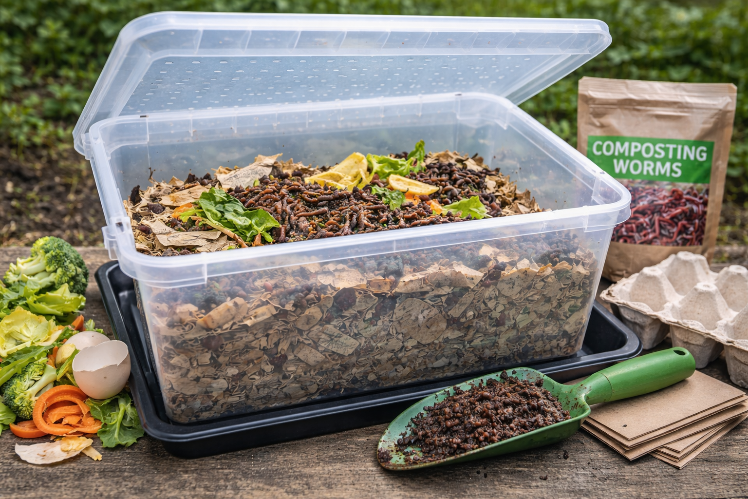 DIY worm bin made from a plastic storage box with composting worms