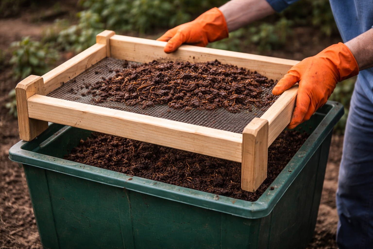Separating worms from castings using a homemade wooden sieve