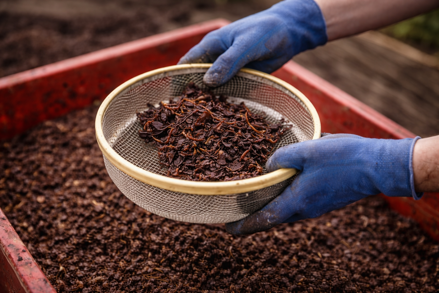 Sifting worms from castings using a hand sieve
