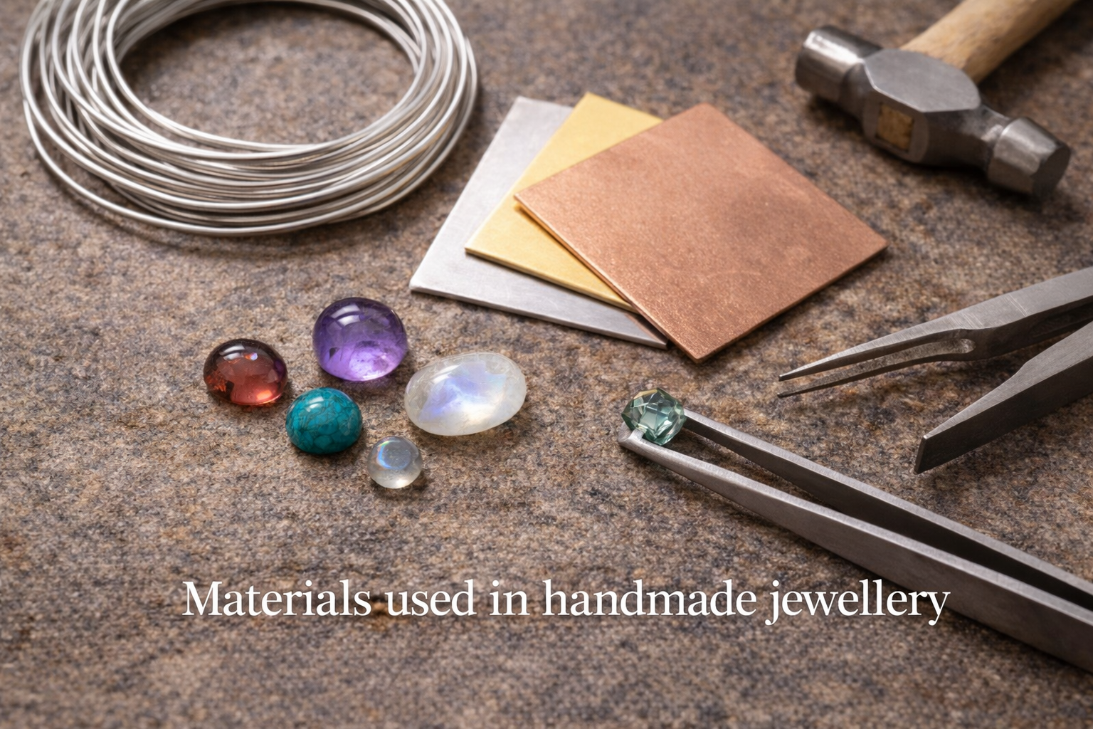 Materials used in handmade jewellery including silver wire, metal sheets, gemstones and tools