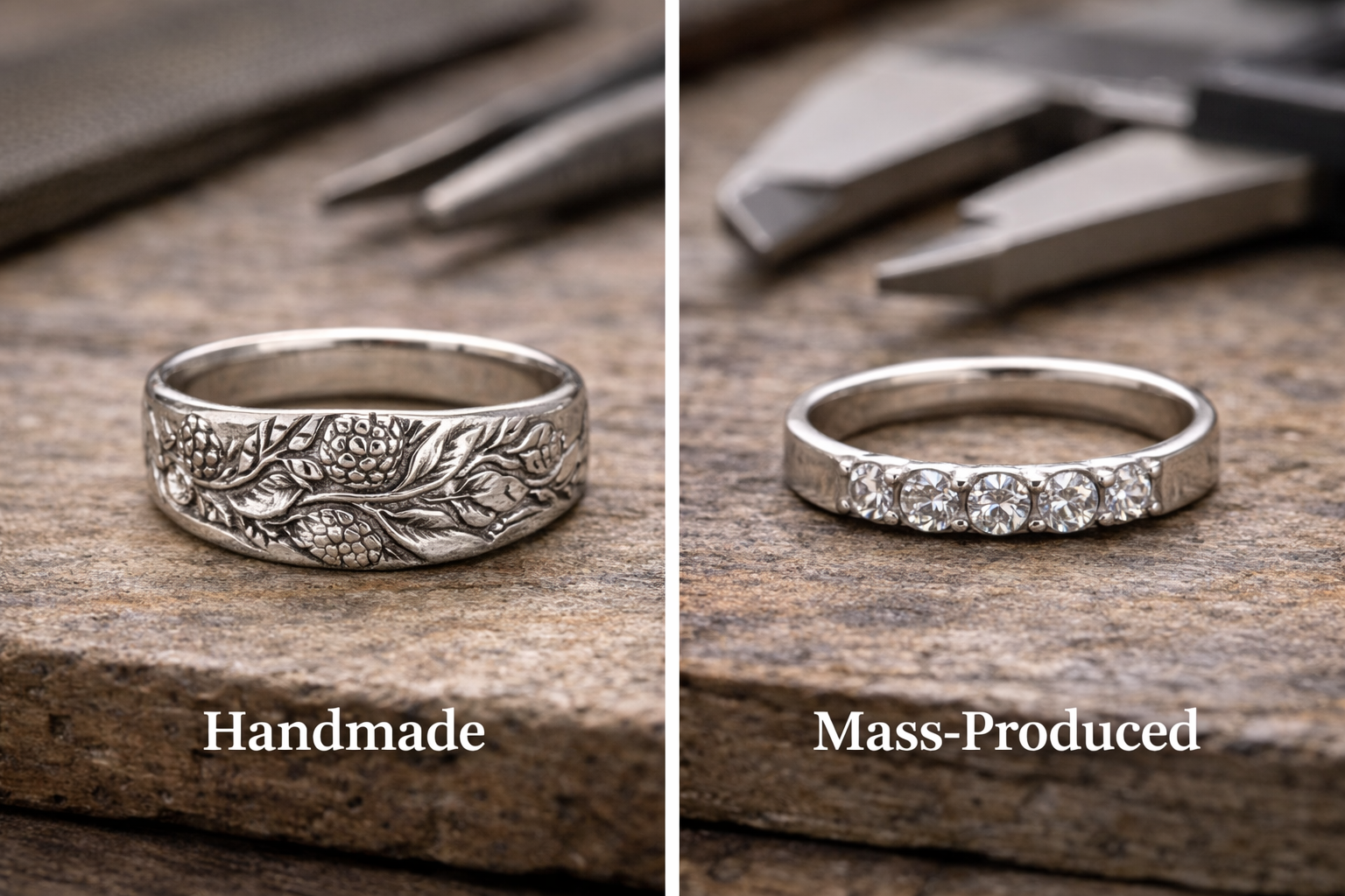 Handmade silver ring compared with mass-produced jewellery ring