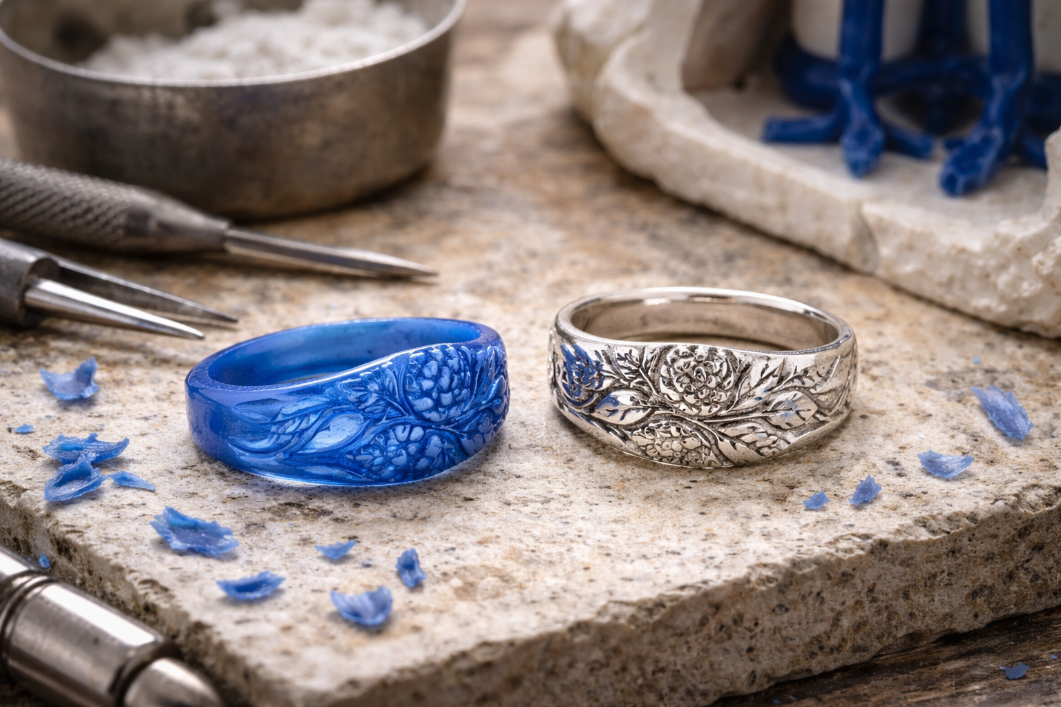 Lost wax casting process showing wax model and finished silver jewellery