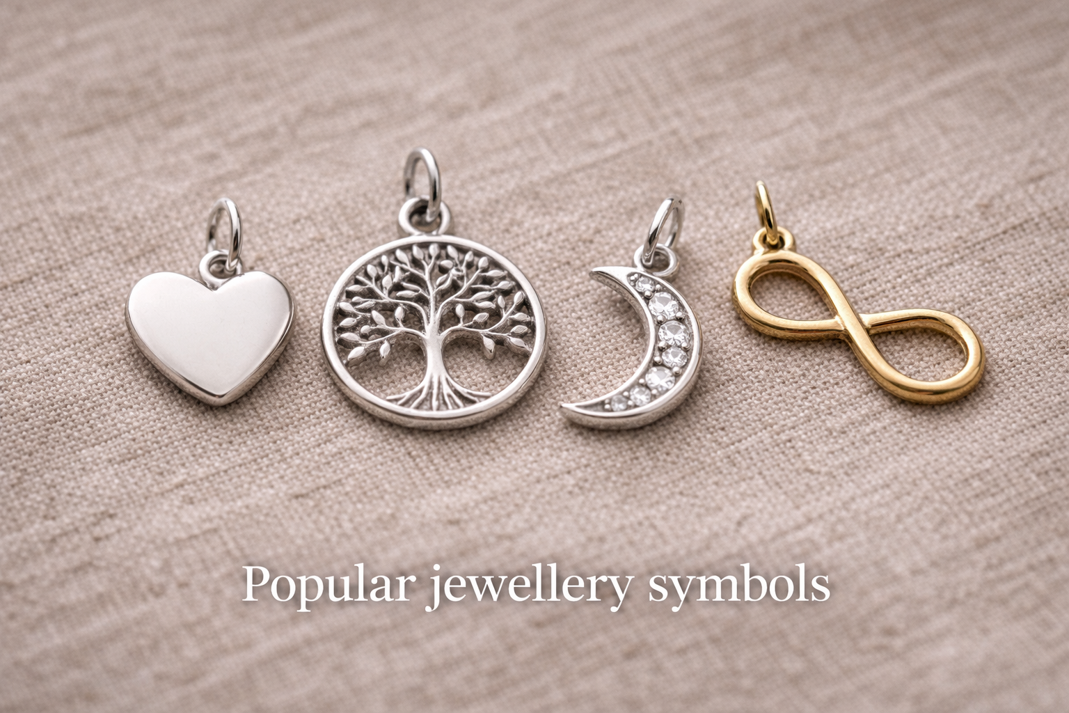 Popular jewellery symbols including heart, tree of life, moon and infinity charms