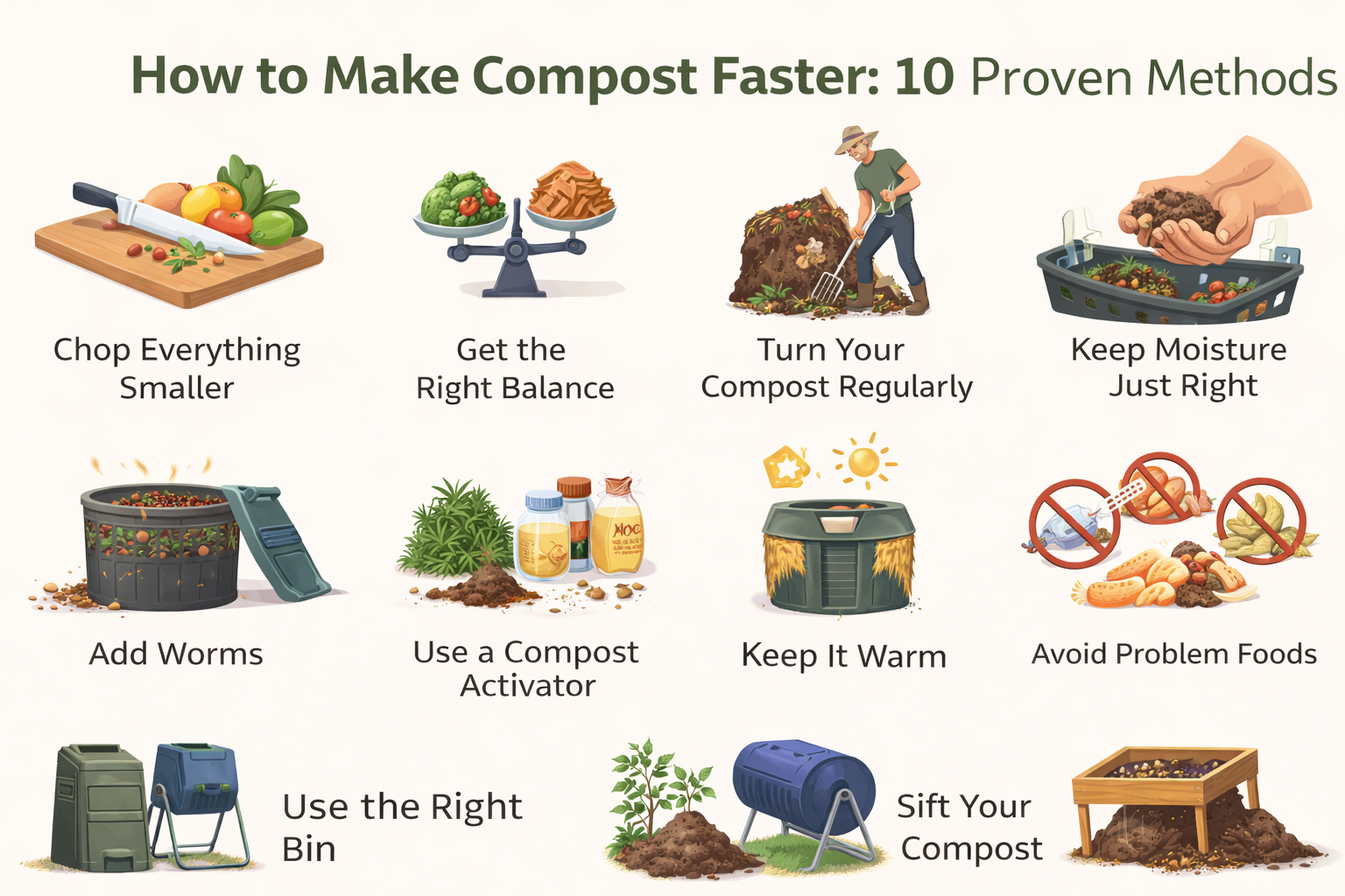 Infographic showing ten proven ways to make compost faster, including chopping scraps, balancing greens and browns, turning compost, adding worms and keeping the bin warm.