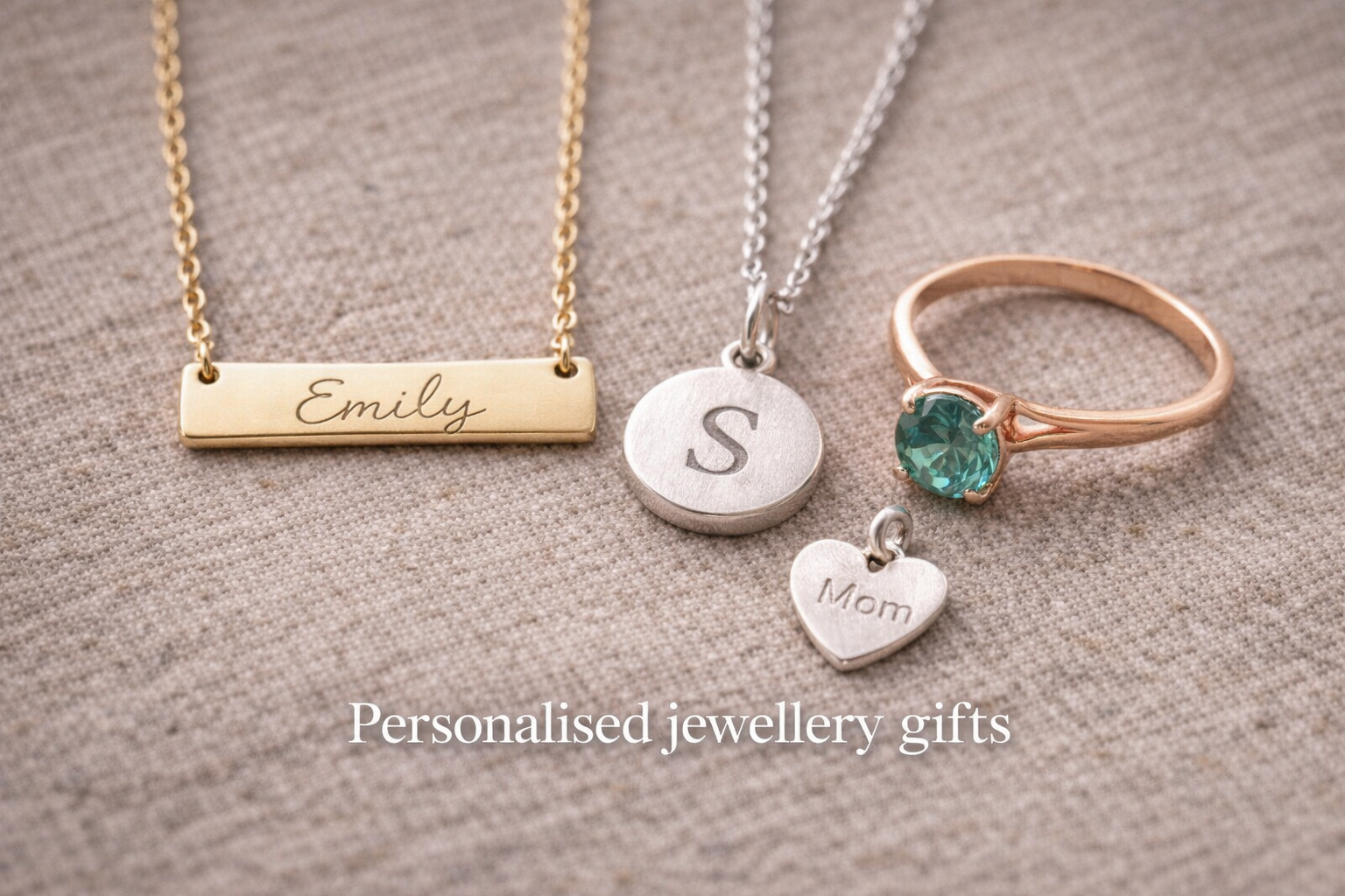Personalised jewellery gifts including name necklace, initial pendant and birthstone ring