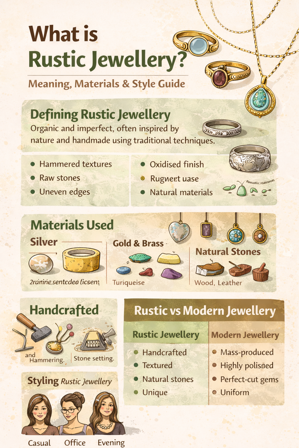 Infographic explaining what rustic jewellery is, showing handmade rings, necklaces and natural stones with textured finishes.