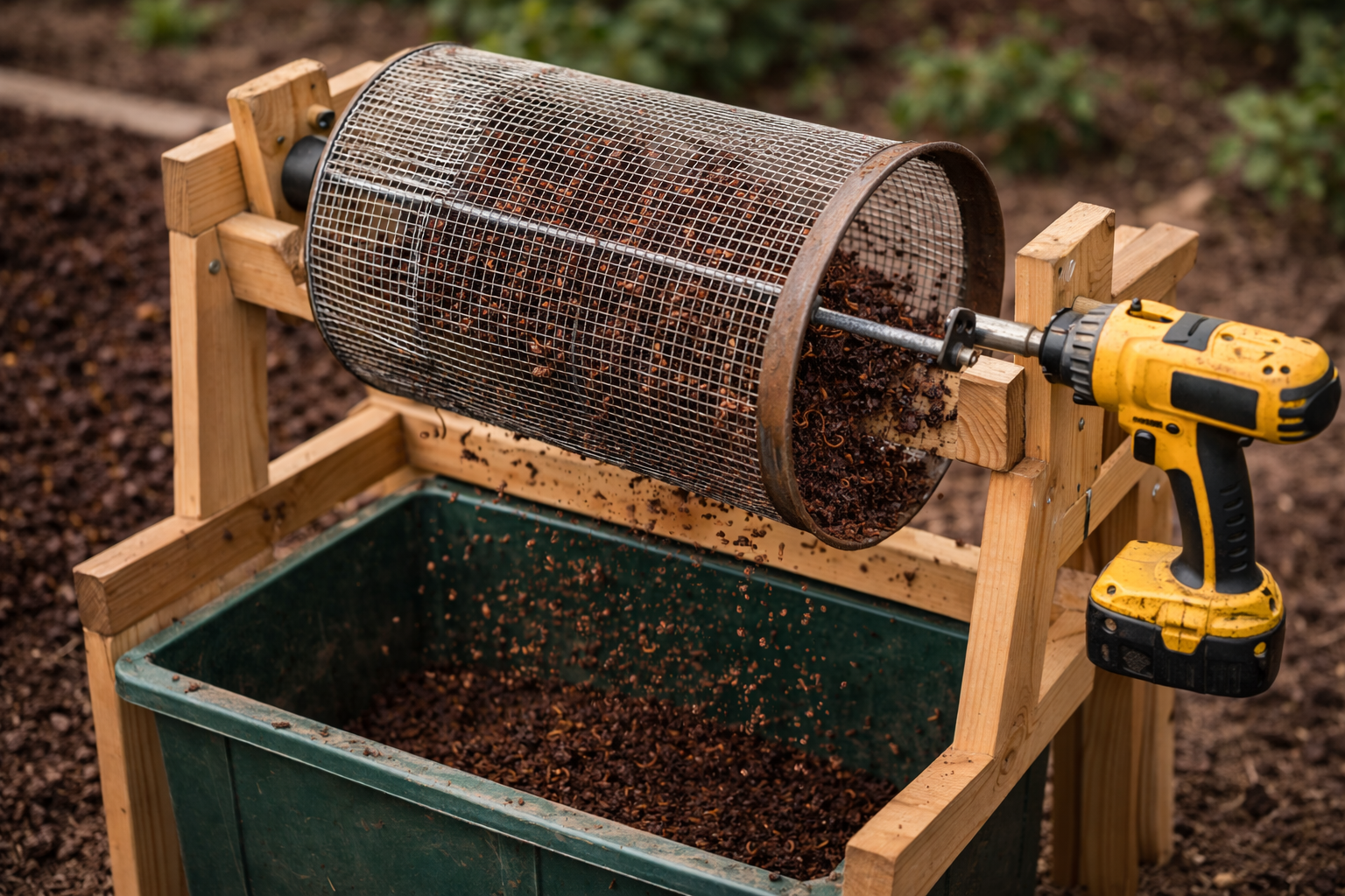 Powered DIY trommel sifter running with a drill to separate worms from castings