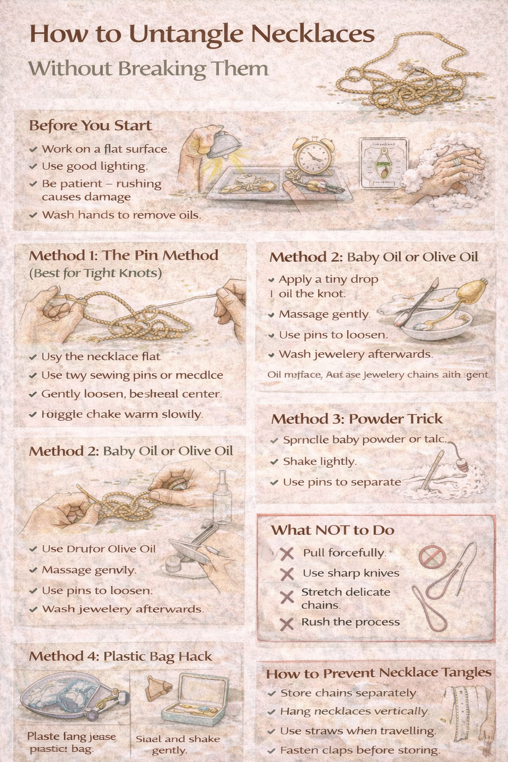 Infographic showing how to untangle necklaces safely using pins, oil, powder and gentle techniques.