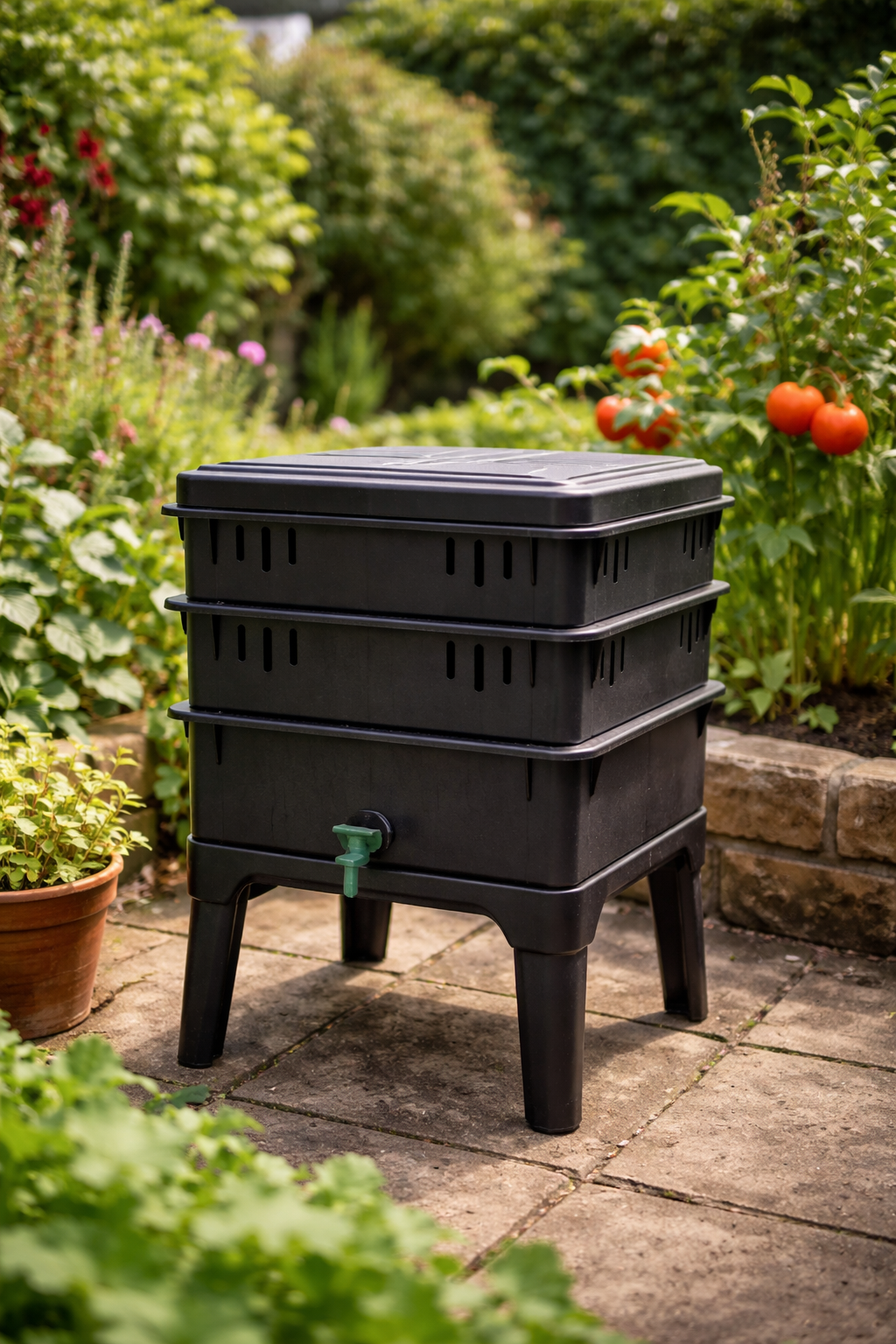 50-litre worm compost bin set up in a garden for home vermicomposting