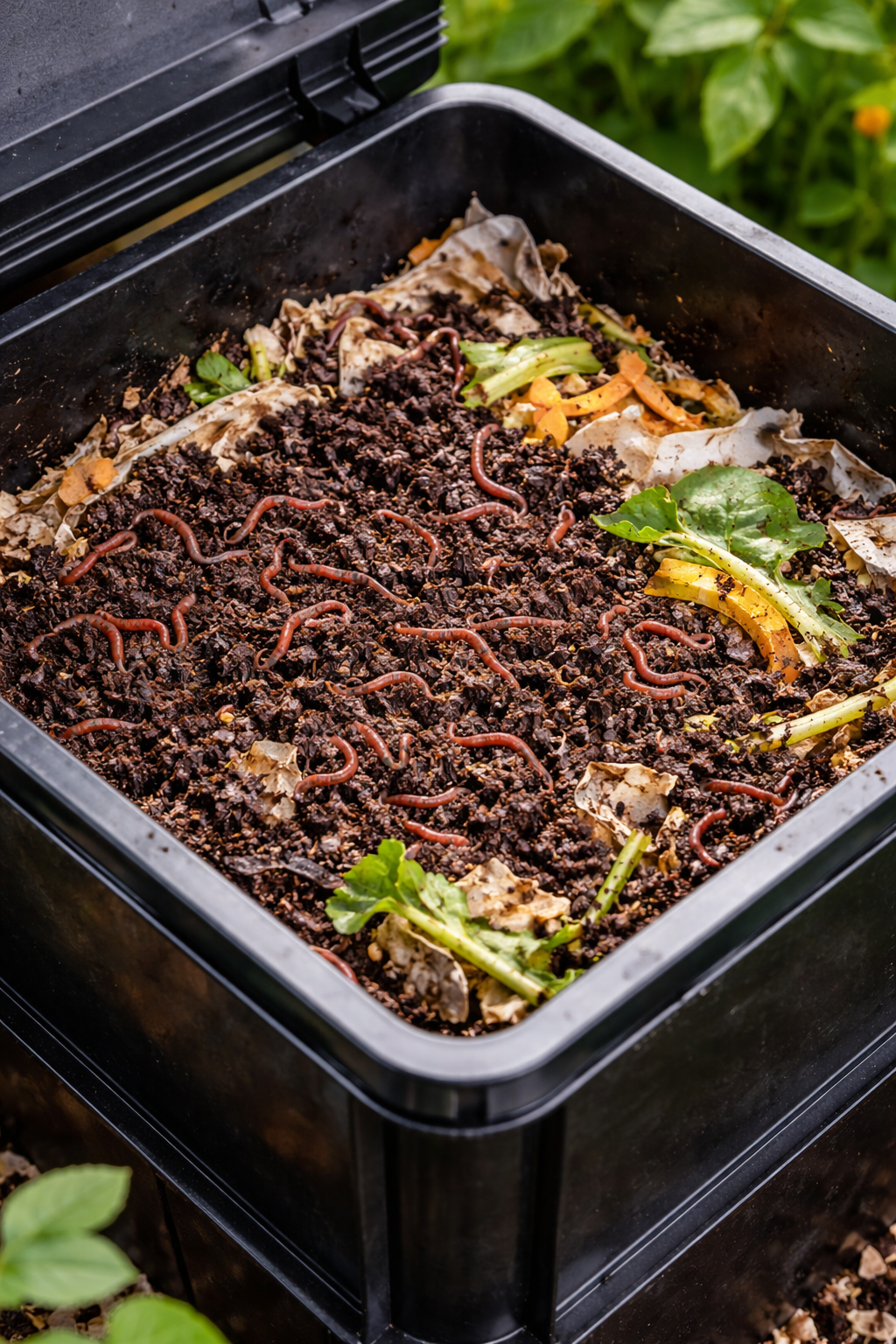Home worm farm bin filled with composting worms and food scraps