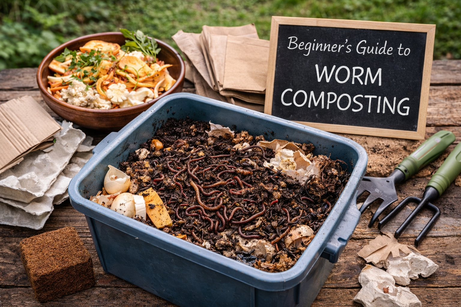 A home worm composting bin filled with composting worms, kitchen scraps and cardboard bedding, shown on a wooden table with simple gardening tools.