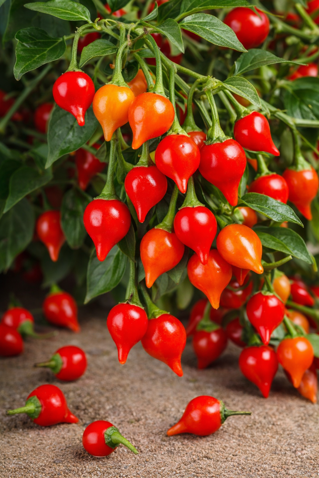 Biquinho pepper plant with ripe red and orange teardrop-shaped chillies growing among green leaves