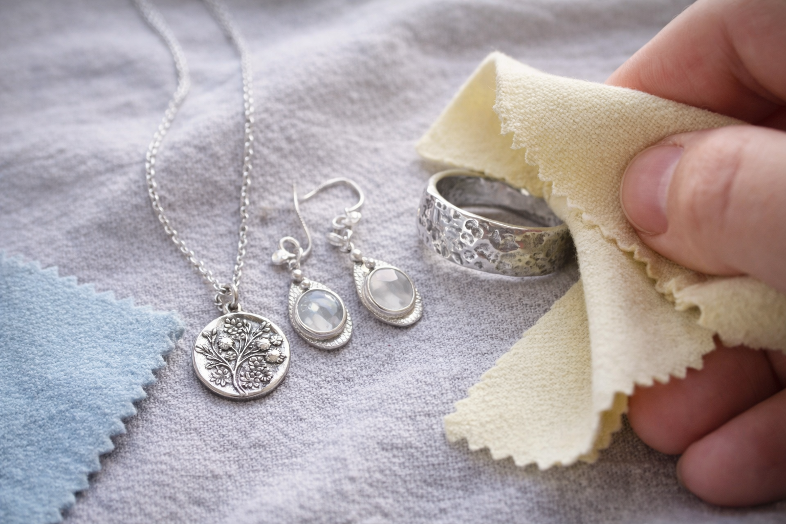 Cleaning handmade silver jewellery with a soft polishing cloth