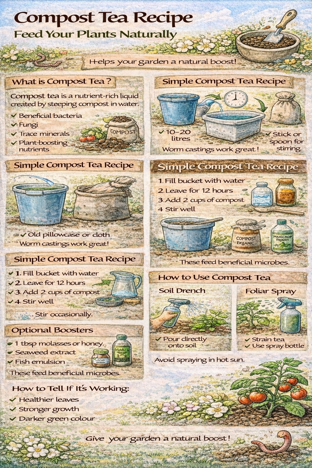 Colourful infographic showing how to make compost tea using a bucket, compost and water.