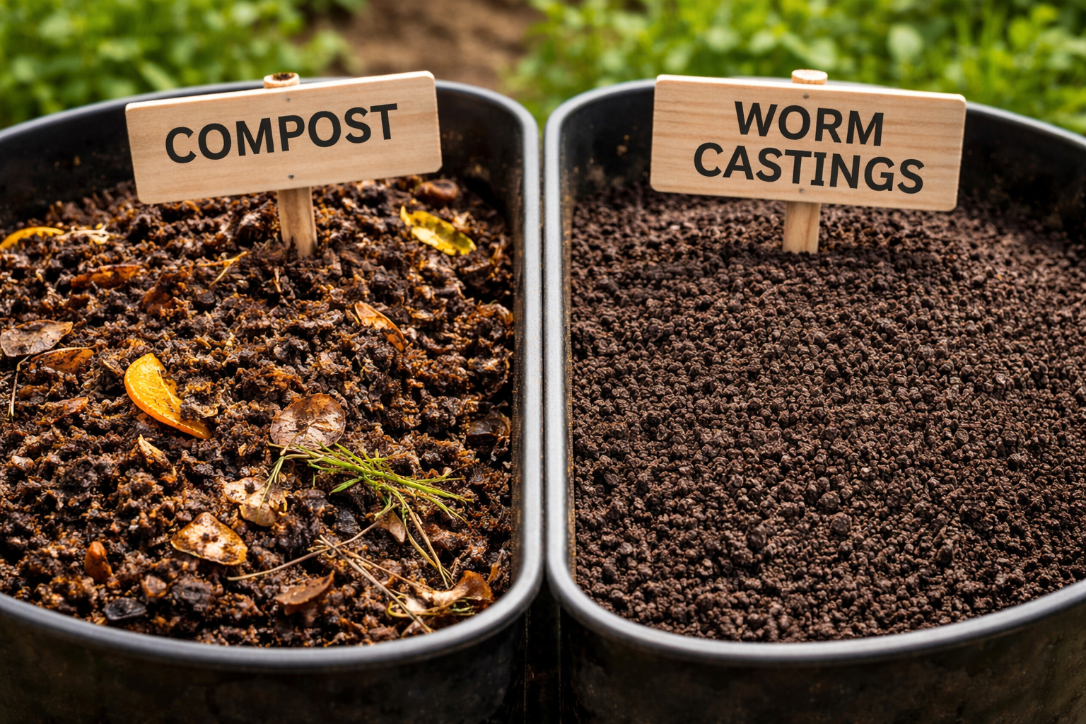 Side-by-side comparison of garden compost and worm castings in containers