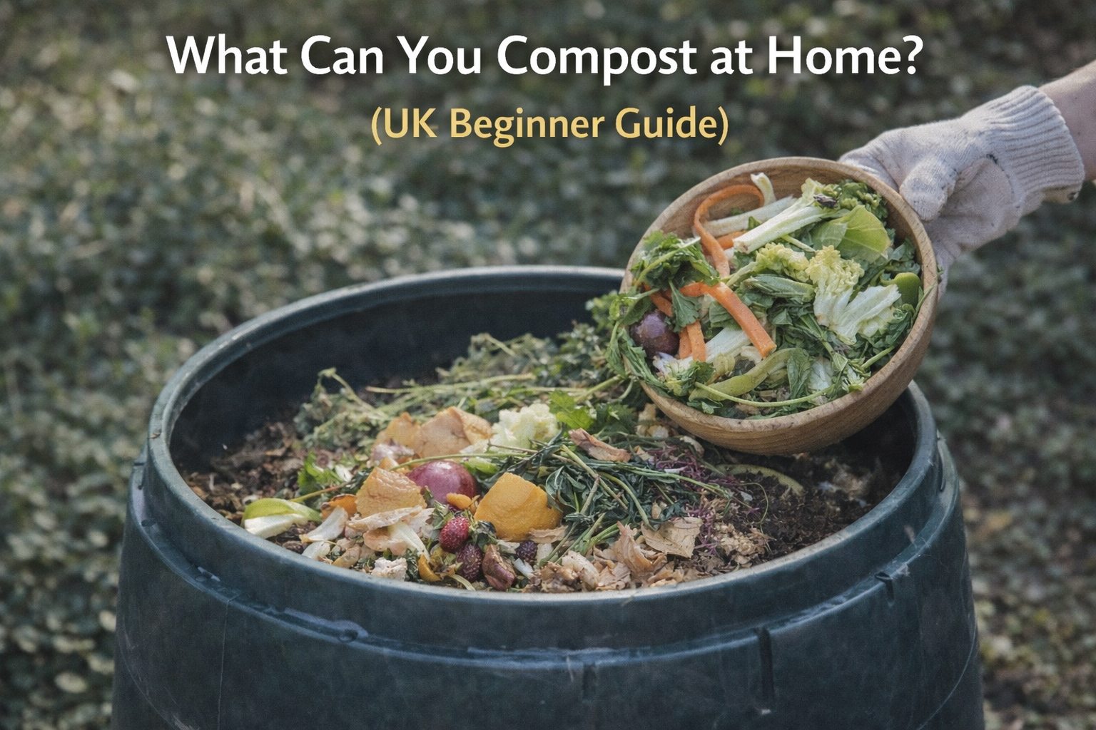 Adding kitchen food scraps into a home compost bin in a garden setting