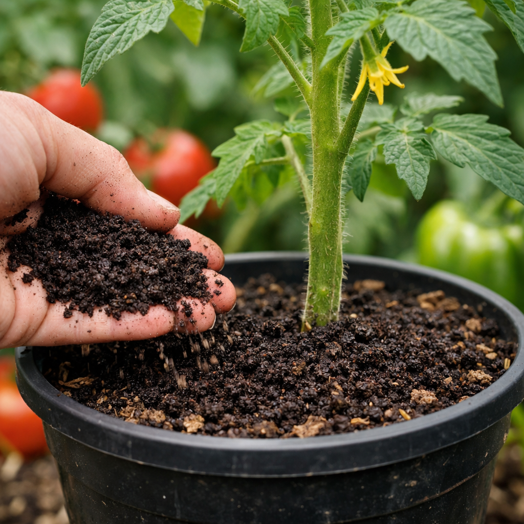 Gardener adding worm castings to a potted tomato plant in a UK garden
