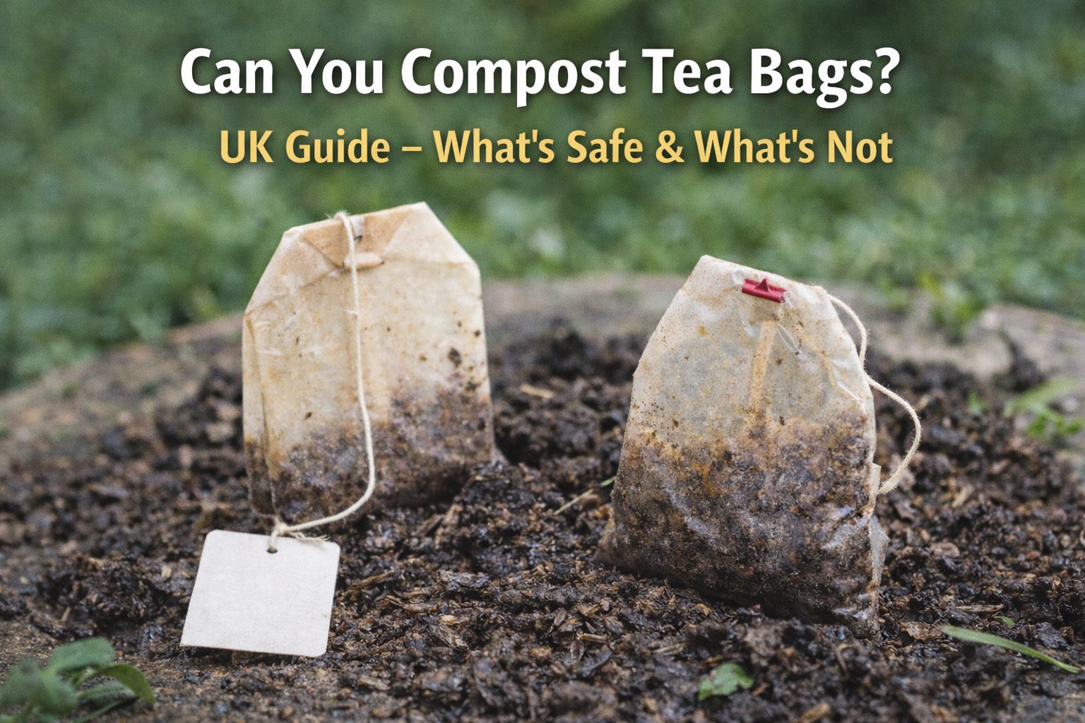 Used tea bags placed on soil showing composting in a garden setting