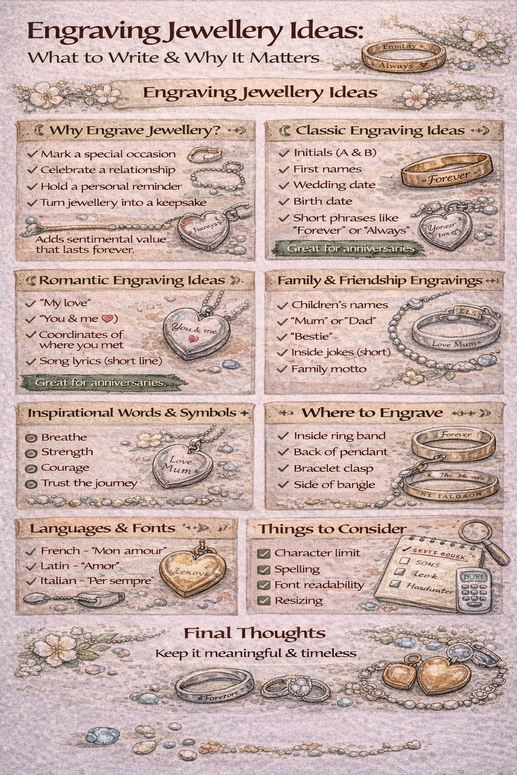 Colourful infographic showing engraving jewellery ideas including names, dates, symbols and short messages.