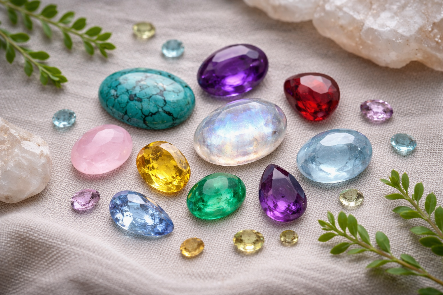 Loose gemstones arranged on linen for handmade jewellery design