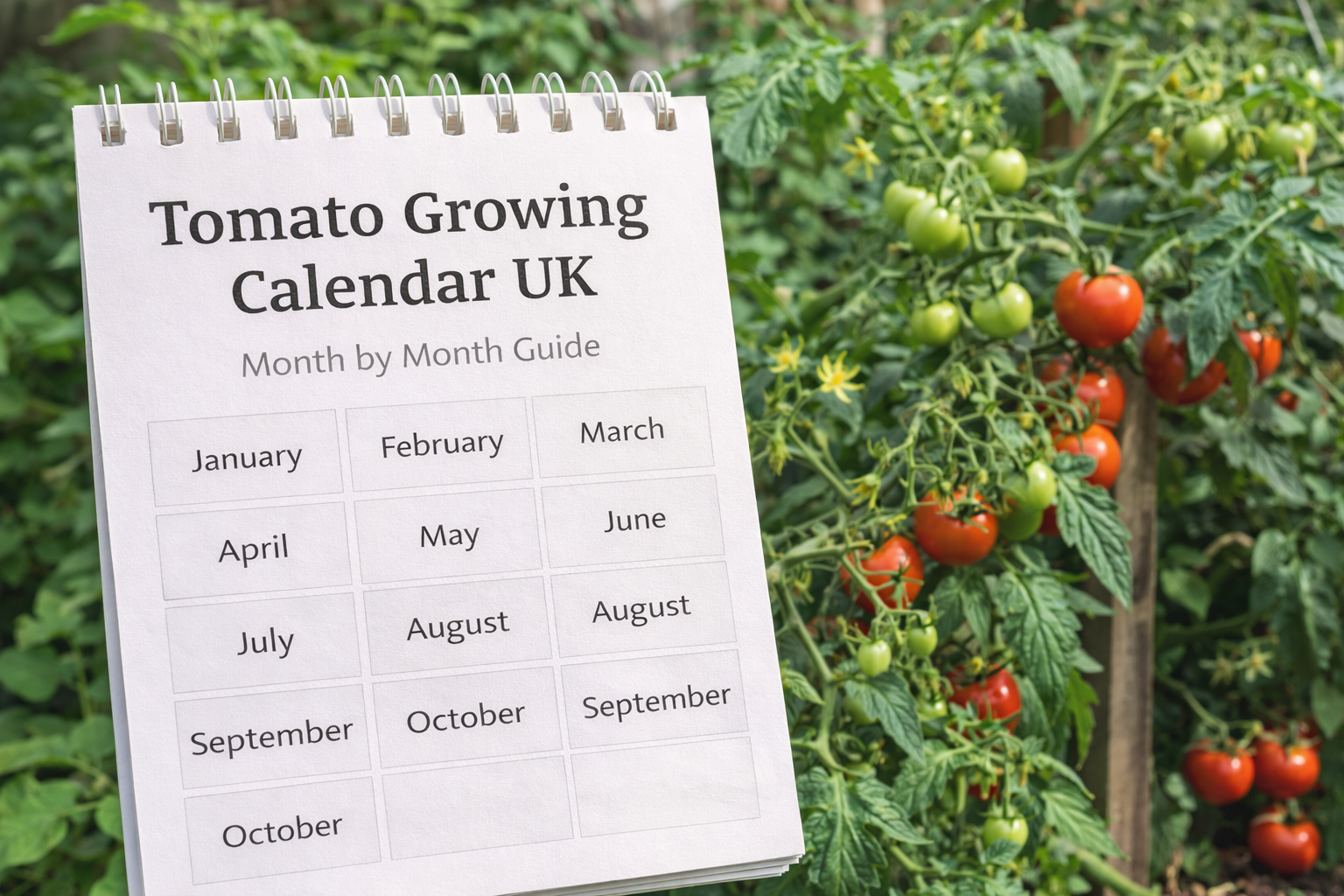 Tomato growing calendar UK shown in front of ripening tomato plants