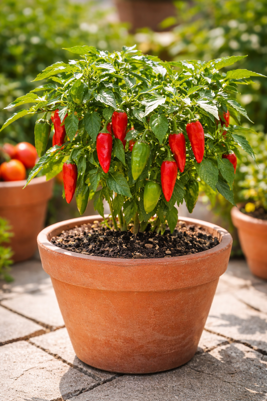 Chilli plant growing in a pot with red and green peppers on a sunny UK patio