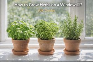 Basil parsley and rosemary growing in pots on a sunny windowsill