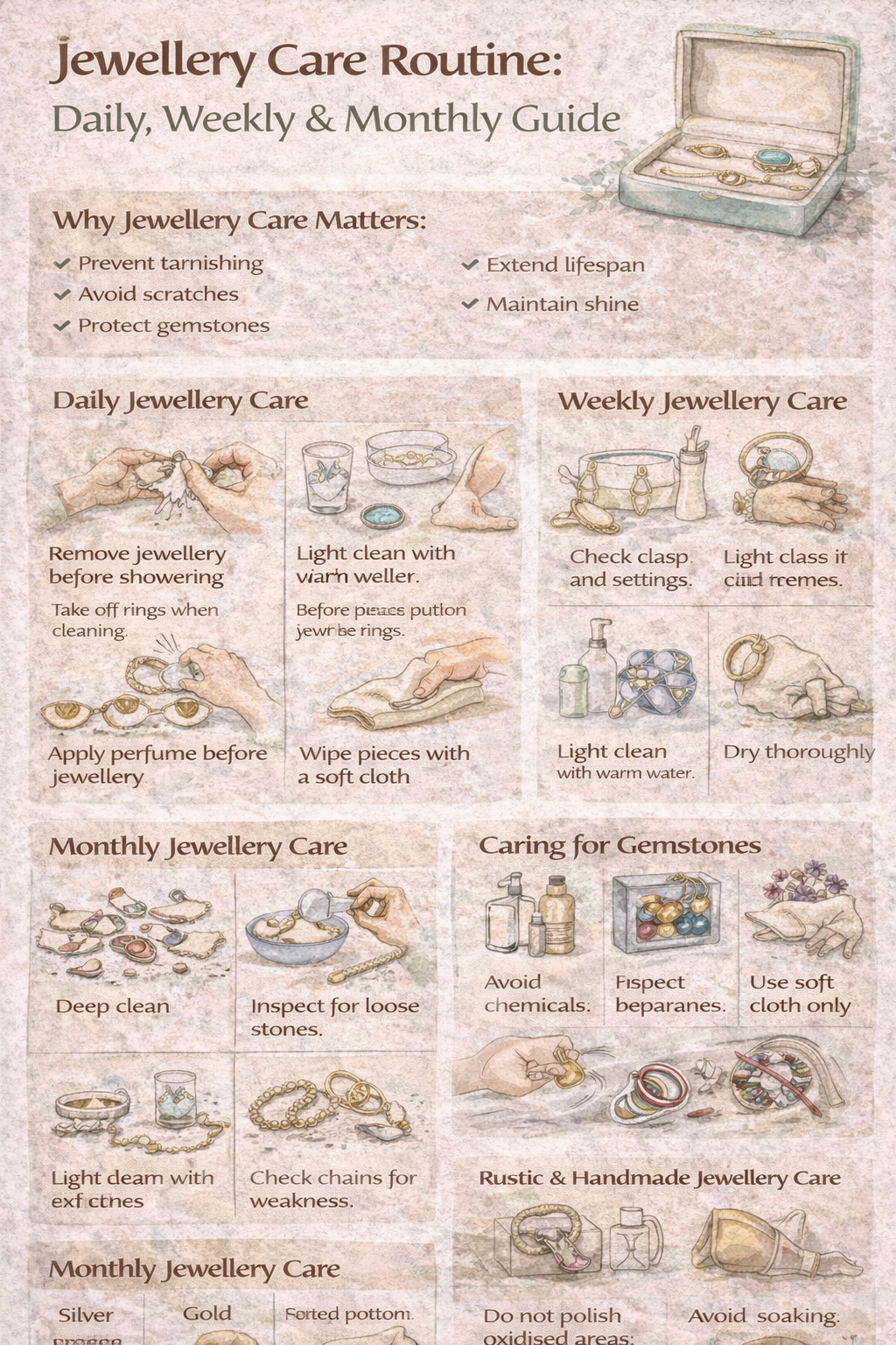 Infographic showing a jewellery care routine with daily, weekly and monthly maintenance tips.