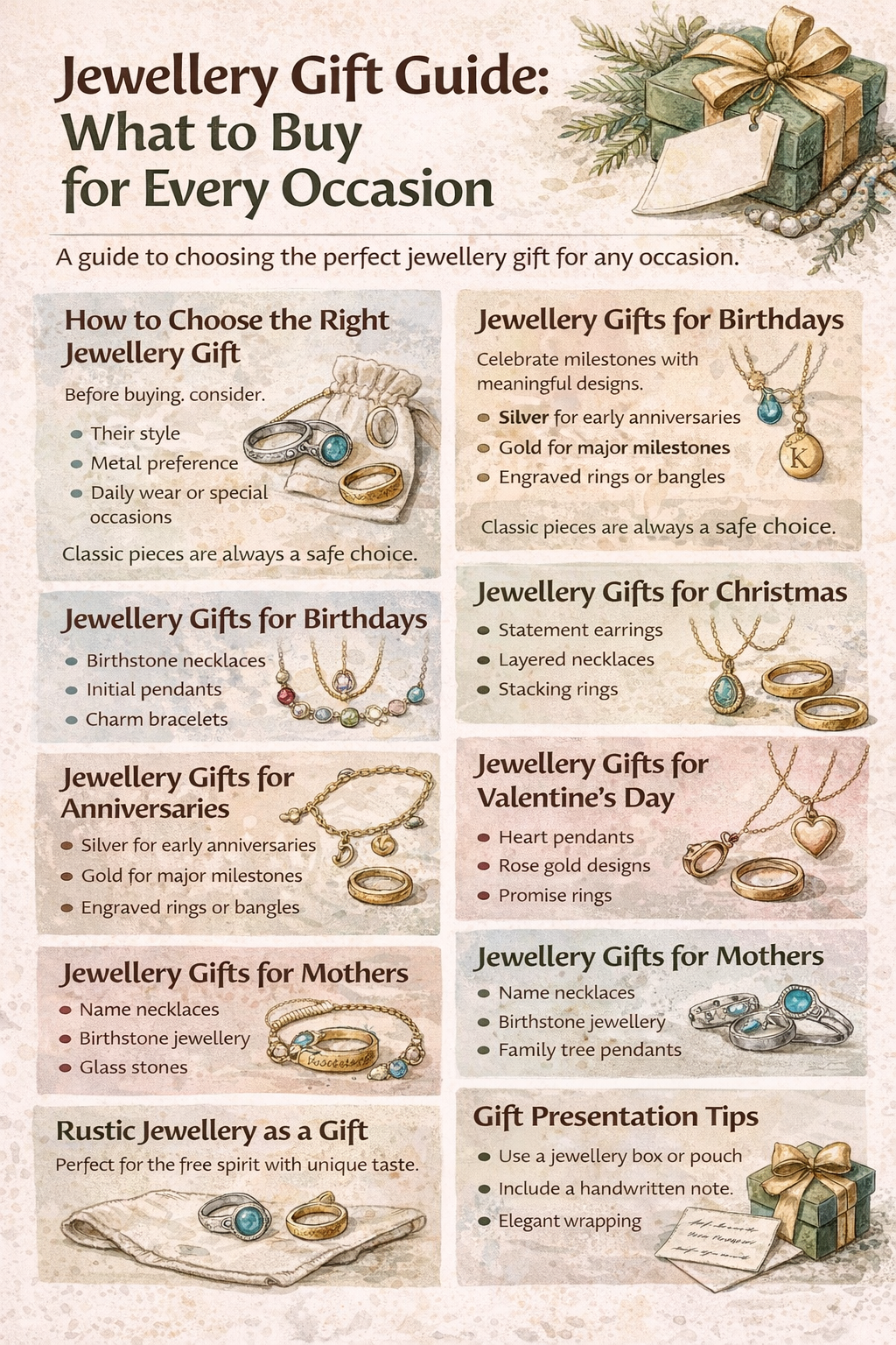 Infographic showing a jewellery gift guide with necklaces, rings, bracelets and earrings for different occasions.