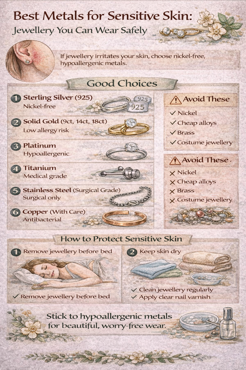 Colourful infographic showing the best metals for sensitive skin including silver, gold, platinum, titanium and stainless steel.