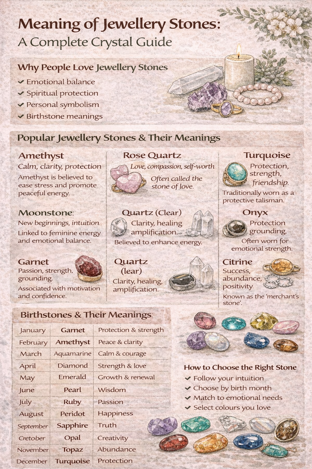 Infographic showing the meaning of jewellery stones including amethyst, rose quartz, turquoise, garnet and moonstone.