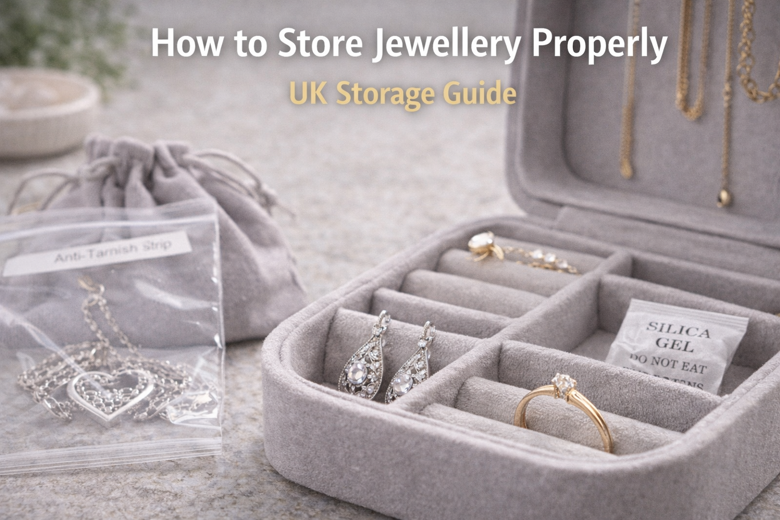 Proper jewellery storage using a velvet jewellery box, pouches and anti tarnish bags