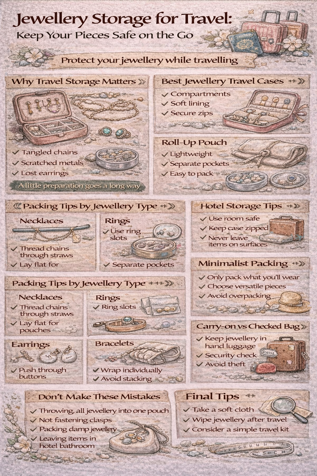 Colourful infographic showing jewellery storage for travel with cases, pouches and packing tips.