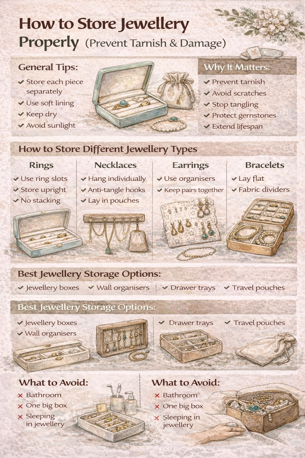 Infographic showing how to store jewellery properly to prevent tarnish, scratches and tangled chains.