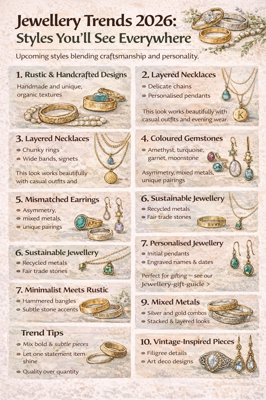 Infographic showing jewellery trends for 2026 including handmade designs, layered necklaces, chunky rings, coloured gemstones and sustainable materials.