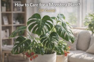 Monstera houseplant in a bright living room showing large split leaves