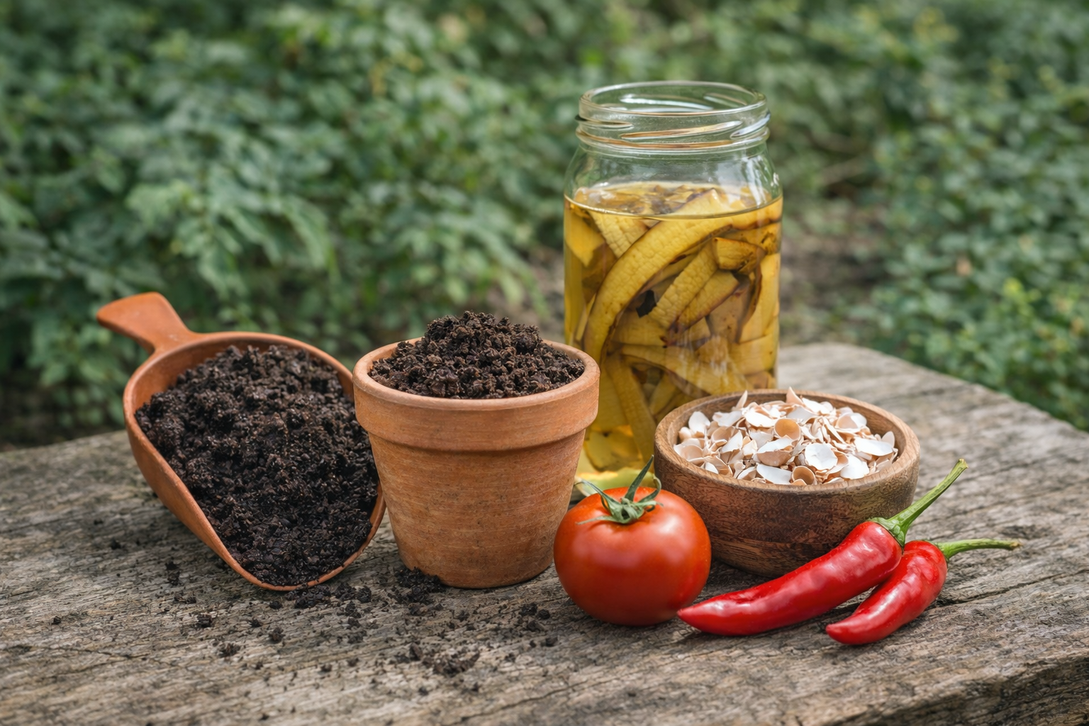 Natural fertilisers for tomatoes including compost, worm castings, banana peel water and eggshells