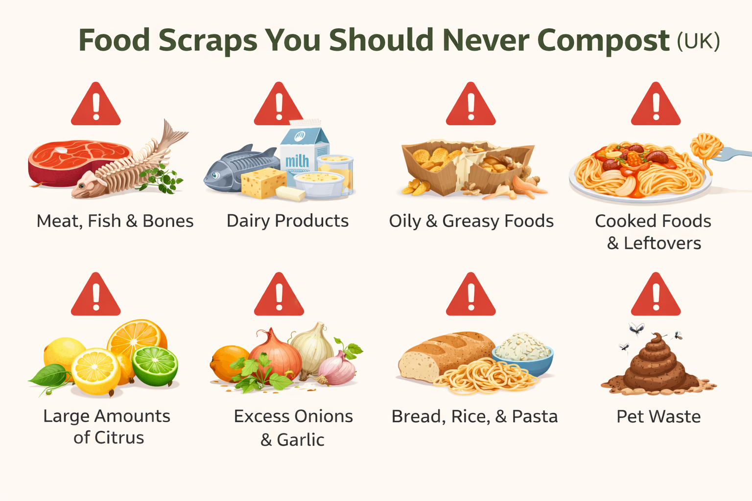 Infographic showing food scraps you should never compost in the UK, including meat, dairy, oily foods, cooked leftovers, citrus, onions, bread and pet waste.