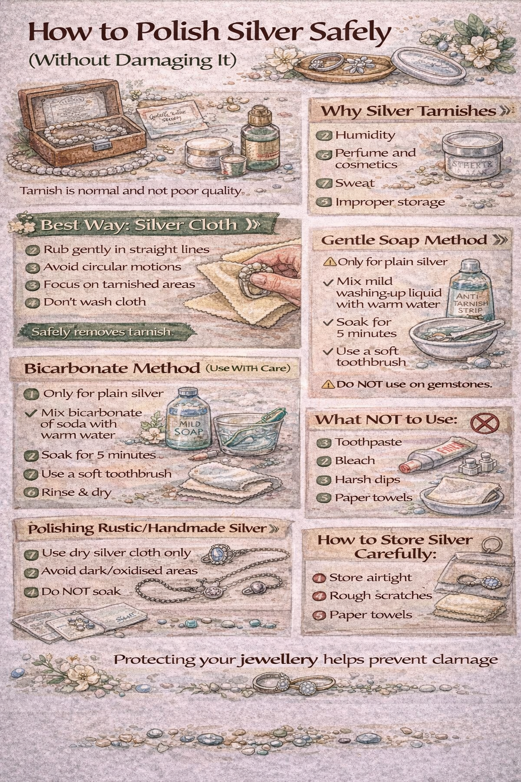Colourful infographic showing how to polish silver safely using a cloth, mild soap and gentle techniques.