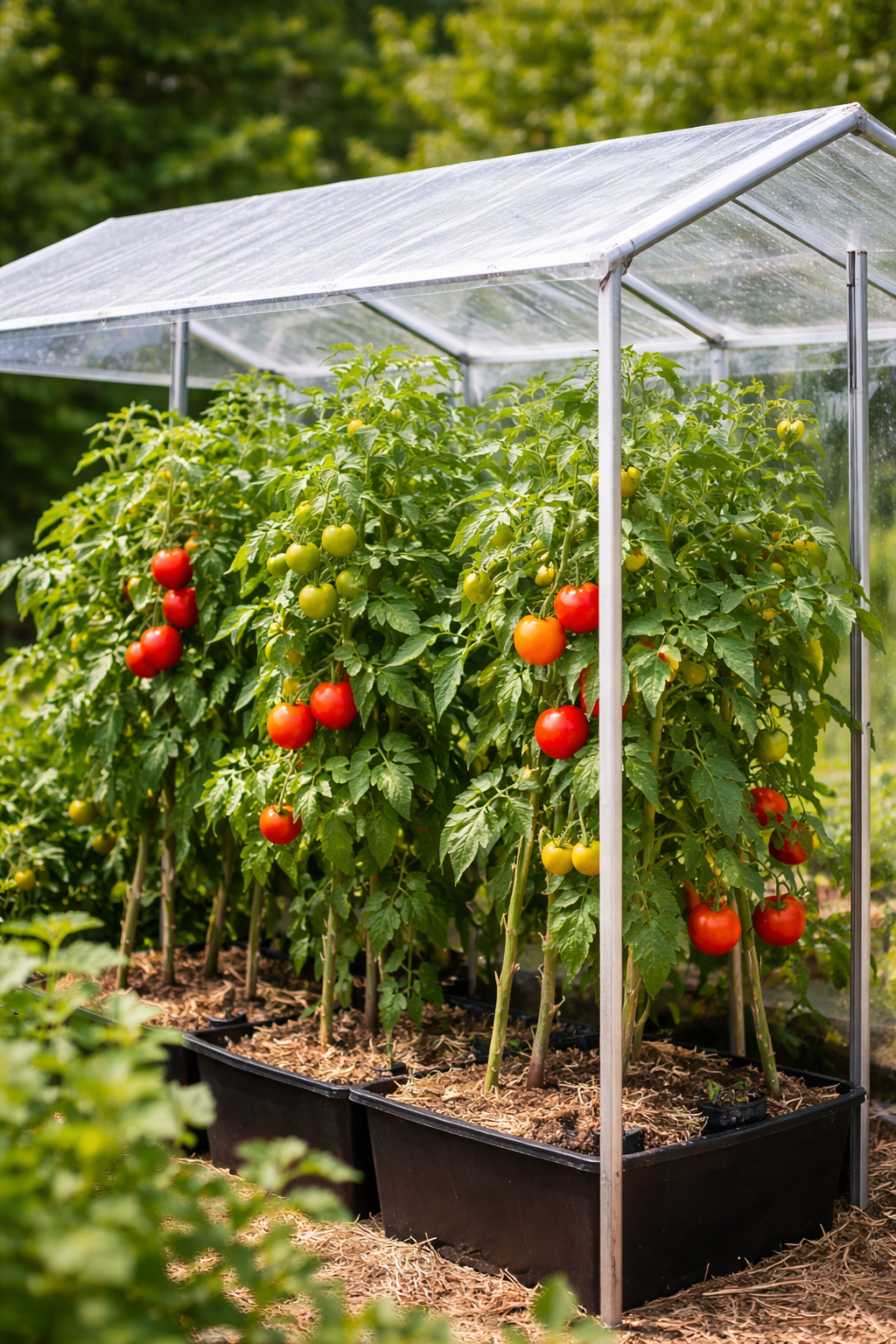 Tomato plants growing under a clear rain shelter to prevent blight