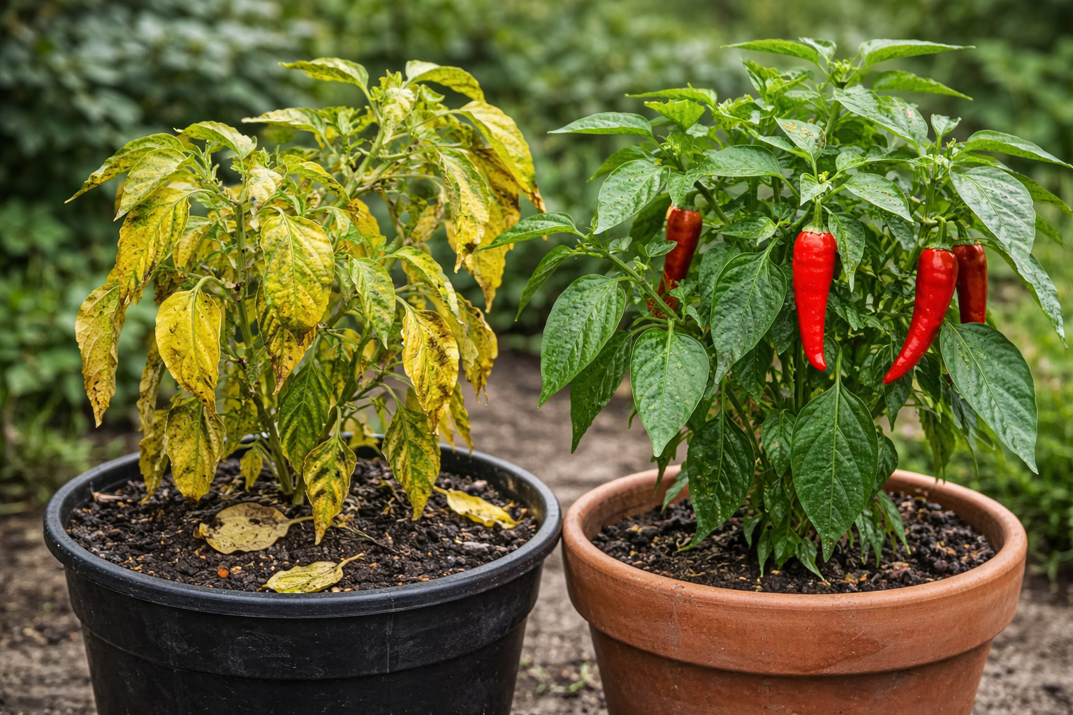 Chilli plant problems shown by yellow leaves next to a healthy fruiting plant