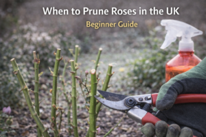 Pruning rose stems with secateurs showing correct cutting position above buds