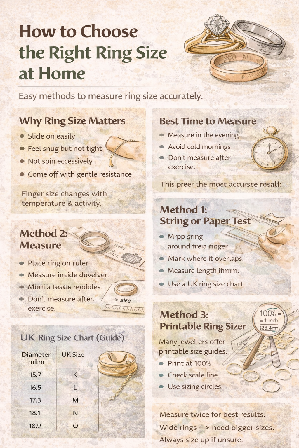 Infographic showing how to choose the right ring size at home using string, existing rings and printable size charts.