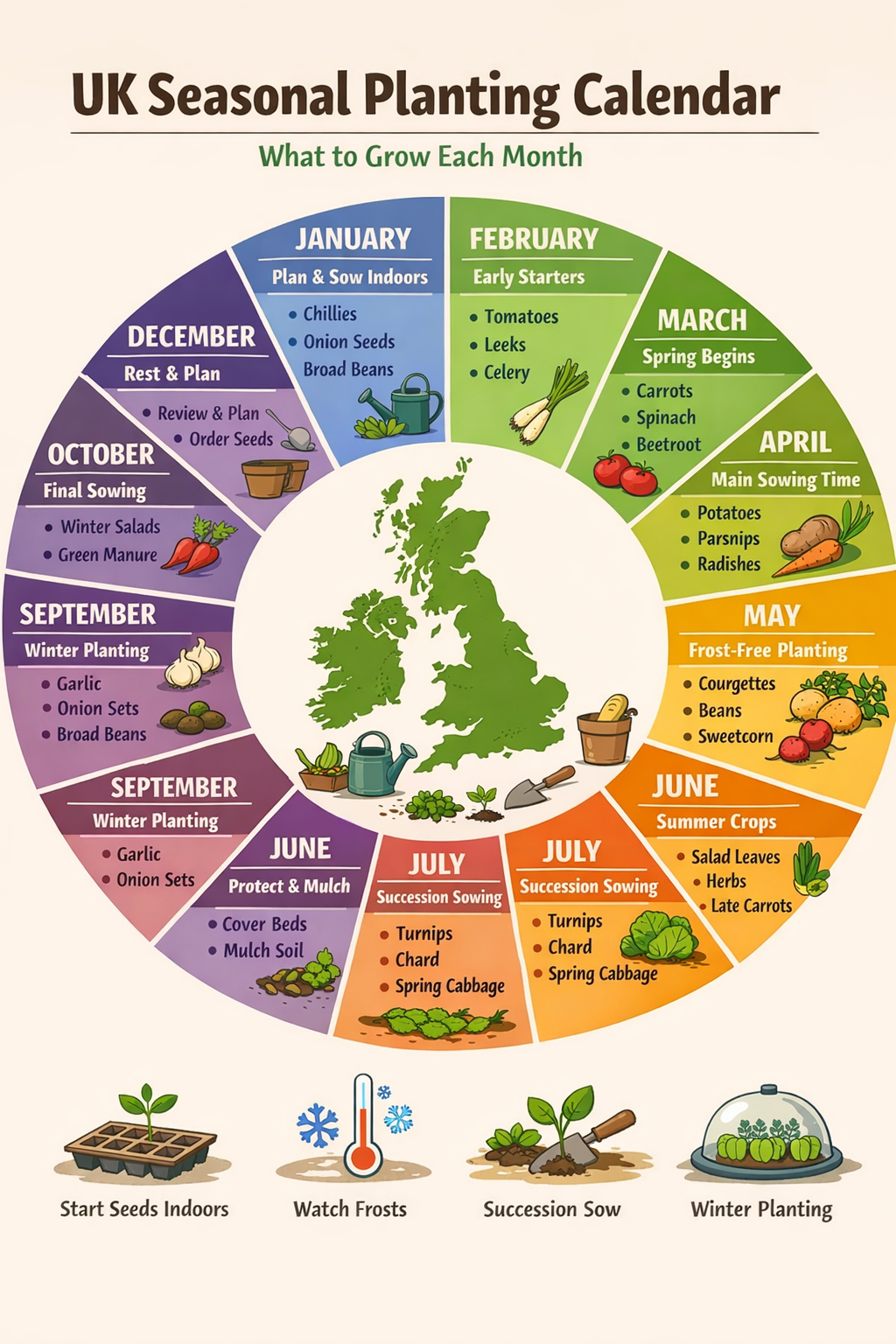 UK seasonal planting calendar infographic showing what vegetables and herbs to grow each month throughout the year.