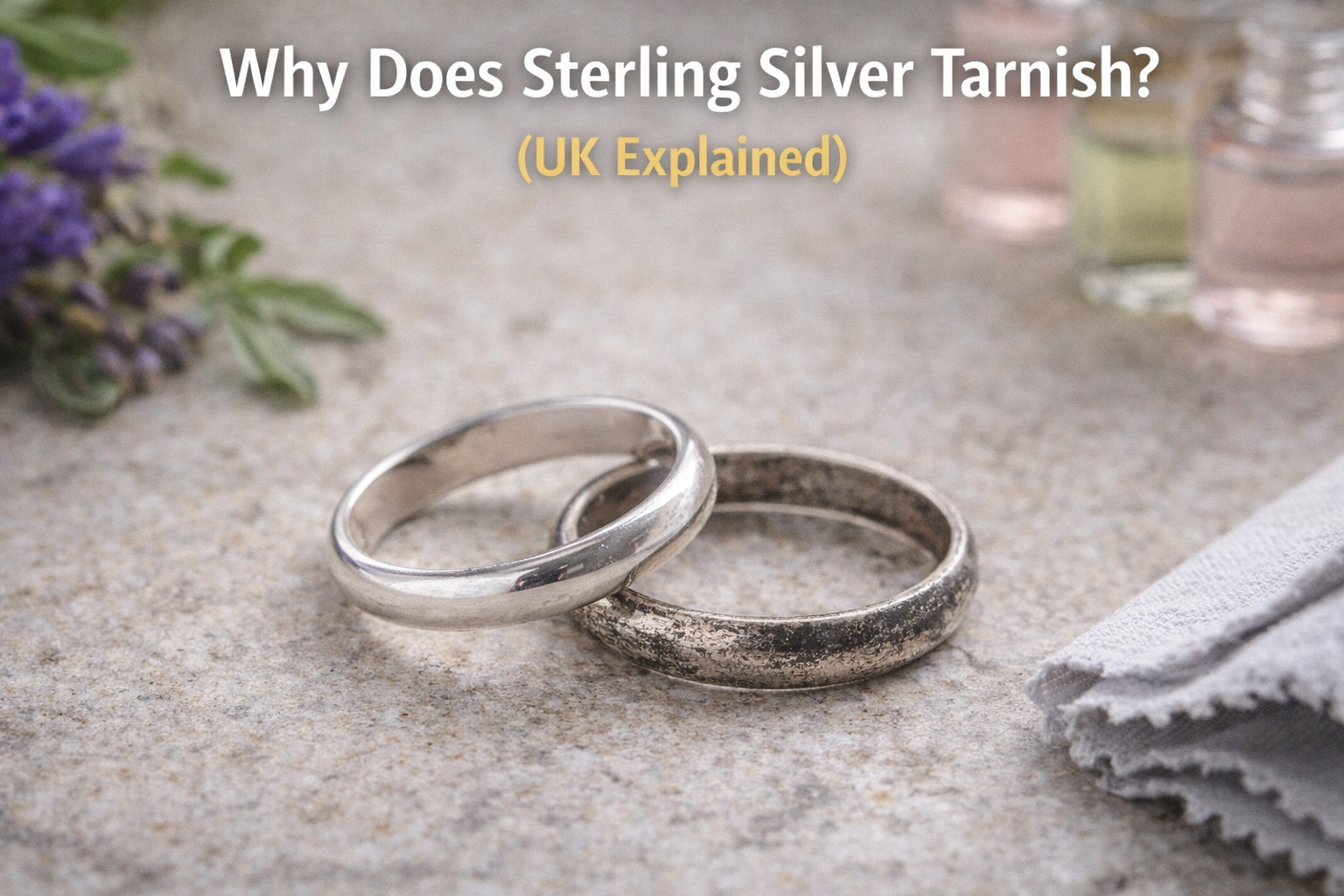 Comparison of polished and tarnished sterling silver rings side by side