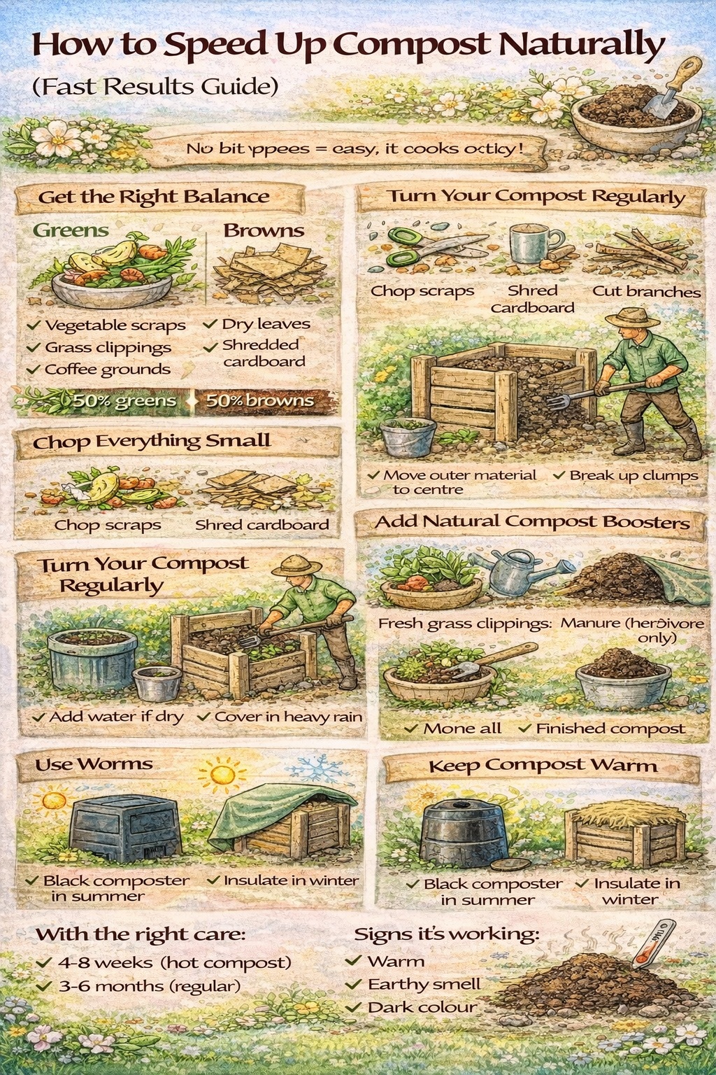 Bright infographic showing how to speed up compost using turning, moisture control and balanced materials.