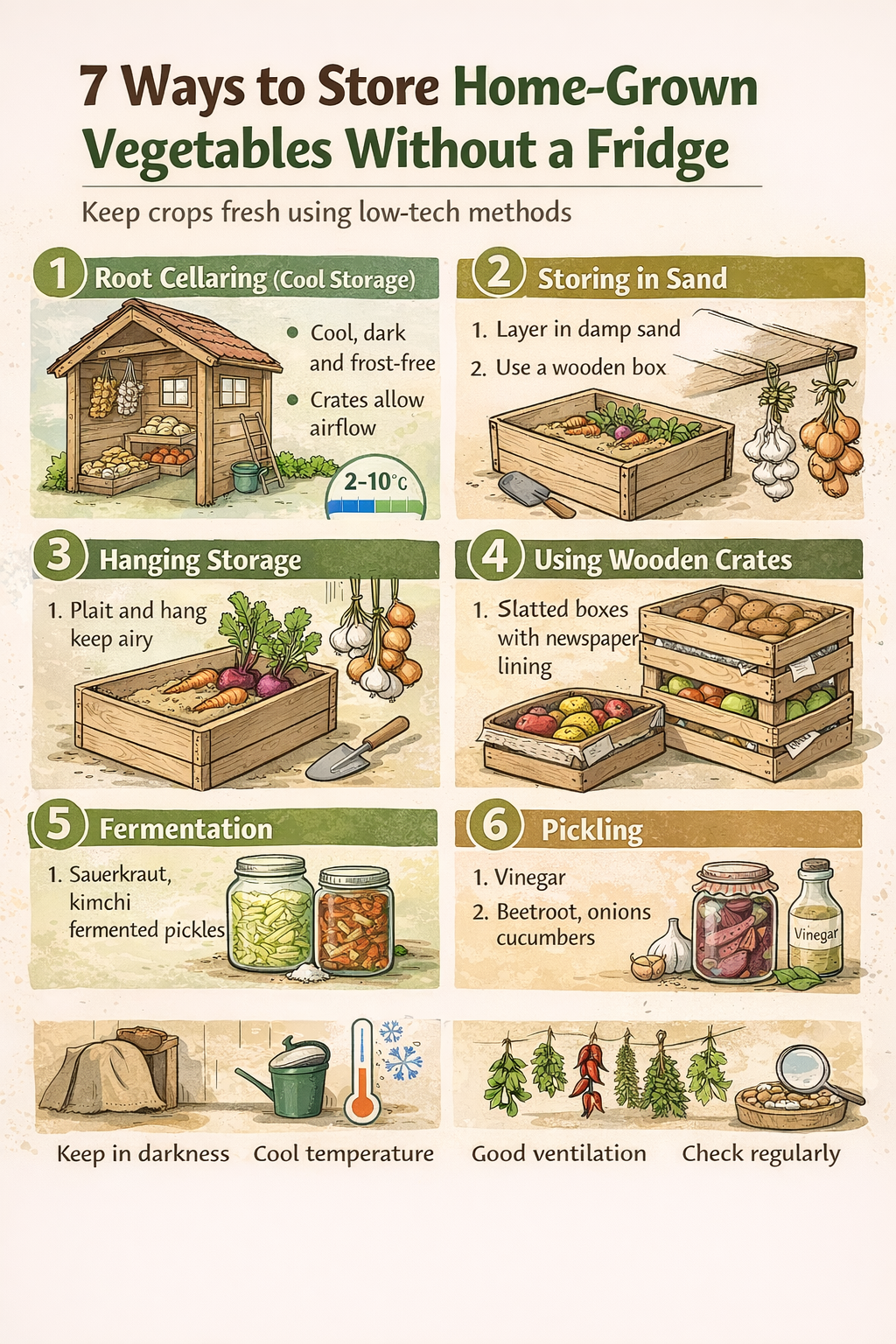 Infographic showing ways to store home-grown vegetables without a fridge, including sand storage, hanging onions, root cellaring, pickling and drying.