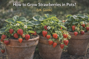 Growing ripe red strawberries in pots on a sunny patio